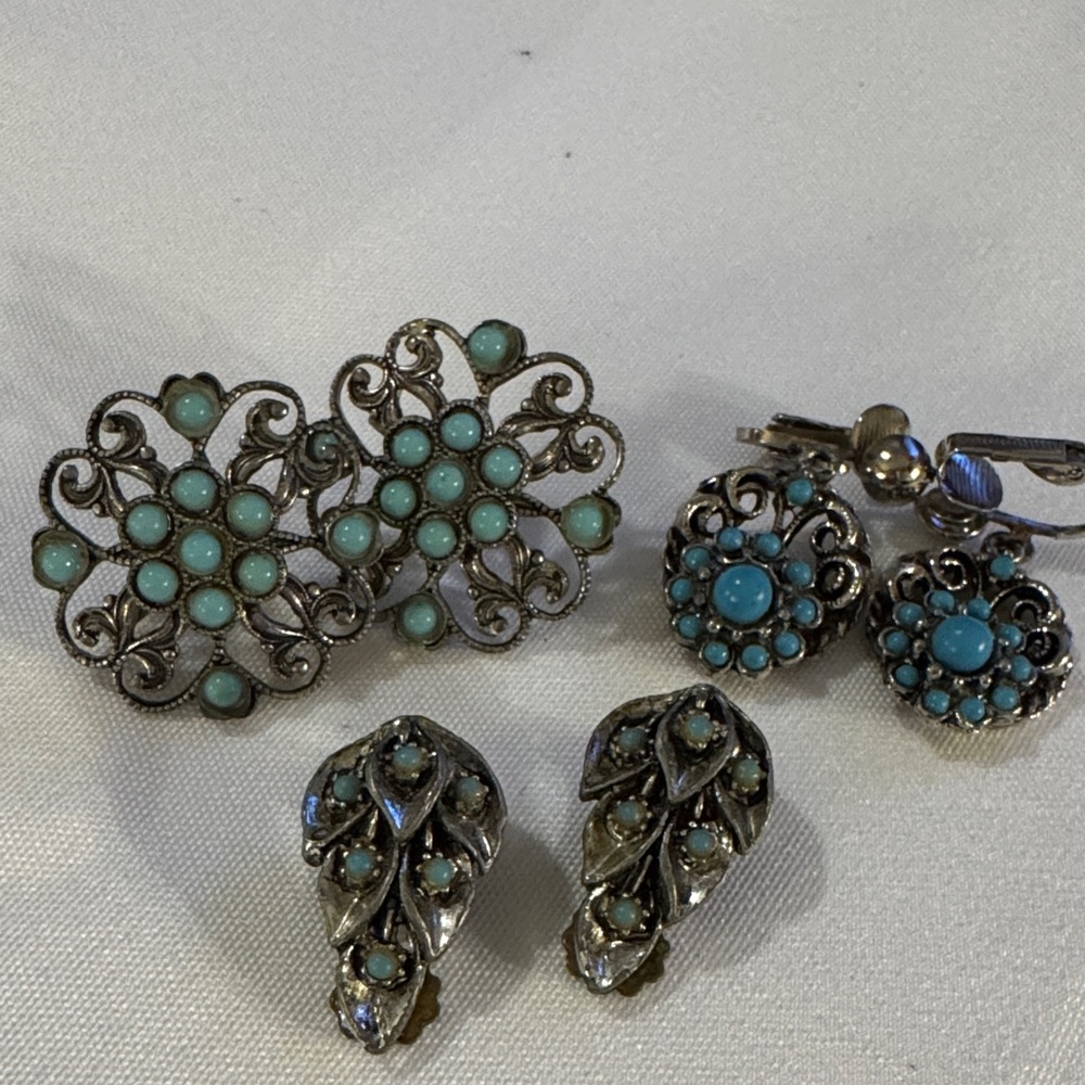 3 Pair Faux Turquoise Earrings Clip On